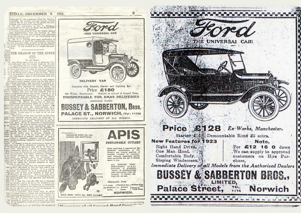 Busseys newspaper adverts for the Ford Delivery Van (1921) and the Ford Model T (1923).